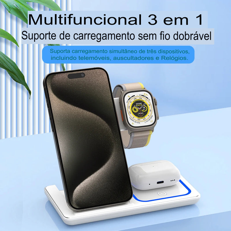 Carregador Por Indução Sem Fio Stand Pad 3 em 1 -  Estação de doca de carregamento rápido