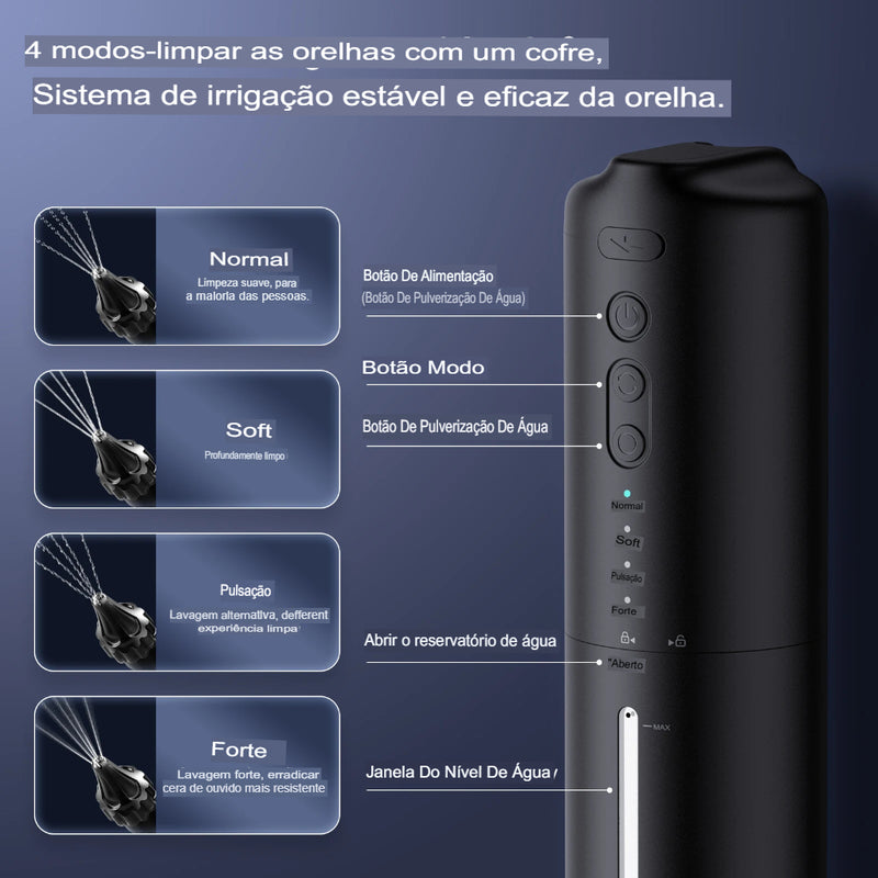 Limpador de ouvido Elétrico, Kit de remoção de cera de ouvido, seringa recarregável com 4 modos de limpeza de ouvido, irrigação, para adultos e crianças