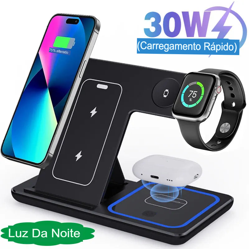 Carregador Por Indução Sem Fio Stand Pad 3 em 1 -  Estação de doca de carregamento rápido