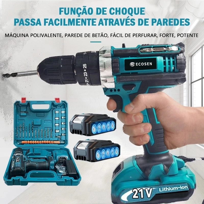 Furadeira Parafusadeira 3/8" Bateria 21V Com Maleta e Acessórios