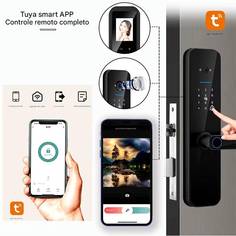 Fechadura com Câmera Biométrica Digital, Impressão digital, Smart Card, Senha, Desbloqueio de Chave